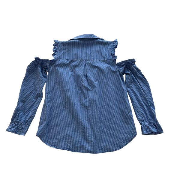 BCBGeneration Women’s Blue White Pin Striped Ruffle Cold Shoulder Top Shirt Sz L - Picture 4 of 8